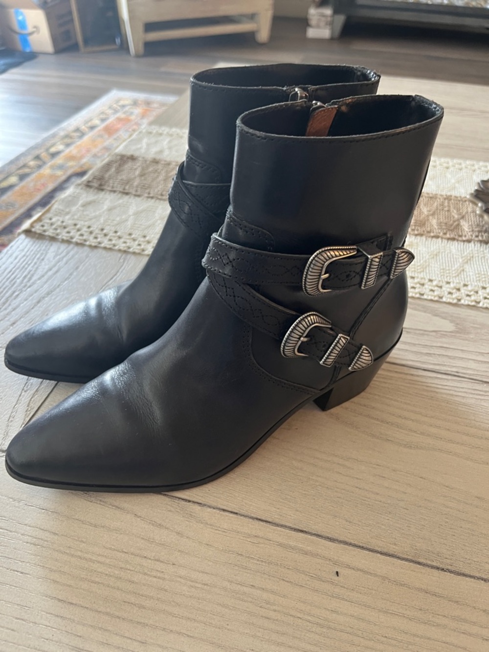 Frye Black Leather Pointed Toe Ankle Boots with Buckle Straps